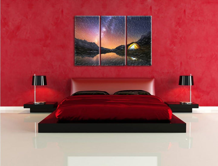 Pixxprint Zelten unter tausenden Sternen als Leinwandbild/Grösse: 3 Teilig (120x80 cm) cm/Wandbild/K