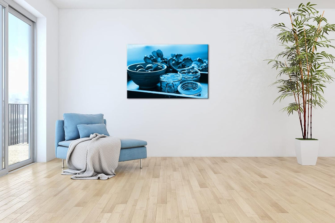 deyoli Tomaten mit Schafskäse Format 80x60 Effekt: Monocrome Blau als Leinwandbild, Motiv fertig ger