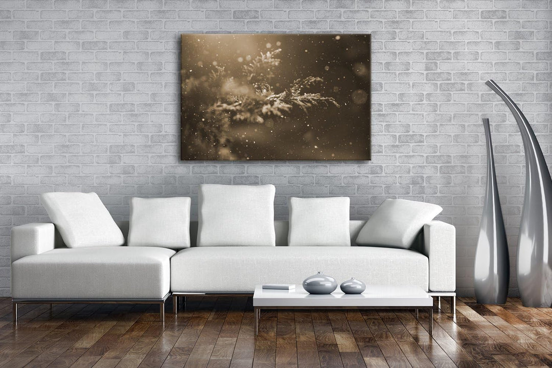 deyoli verschneiter Nadelzweig Format: 80x60 Effekt: Sepia als Leinwand, Motiv fertig gerahmt auf Ec
