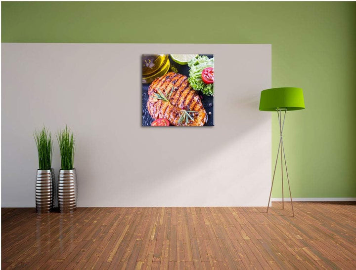 Grillmeister Steak, Format: 70x70 auf Leinwand, XXL riesige Bilder fertig gerahmt mit Keilrahmen, Ku