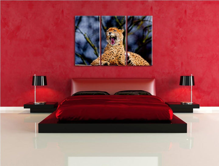 Gepard gähnt Spezial 3-Teiler Leinwandbild 120x80 Bild auf Leinwand, XXL riesige Bilder fertig gerah