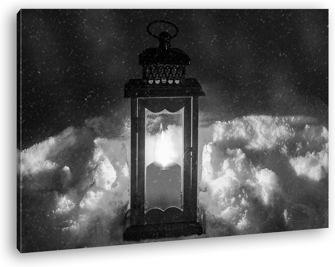 deyoli verschneite Kerzenlaterne Format: 80x60 Effekt: Schwarz/Weiss als Leinwand, Motiv fertig gera