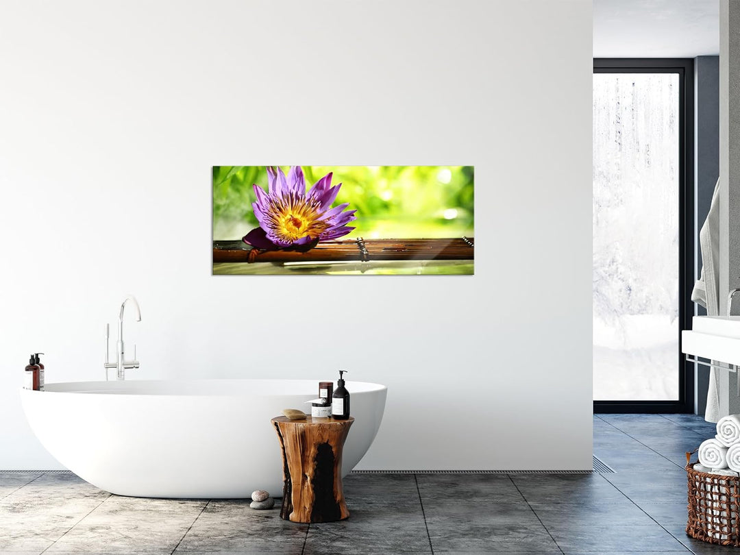 Glasbild Panorama | Wandbild aus Echtglas | Seerose auf Bambus Wellness | 100x40 cm | inkl. Aufhängu