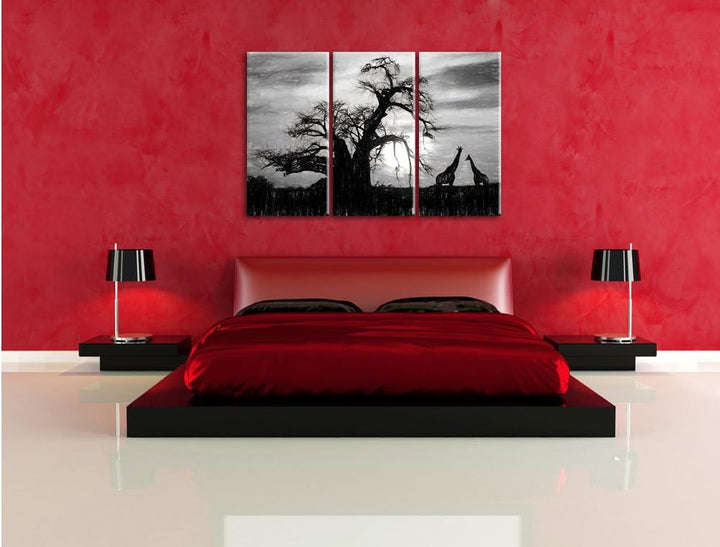 Pixxprint Zwei Giraffen in der Wüste Kohle Zeichnung Effekt 3-Teiler Leinwandbild 120x80 Bild auf Le