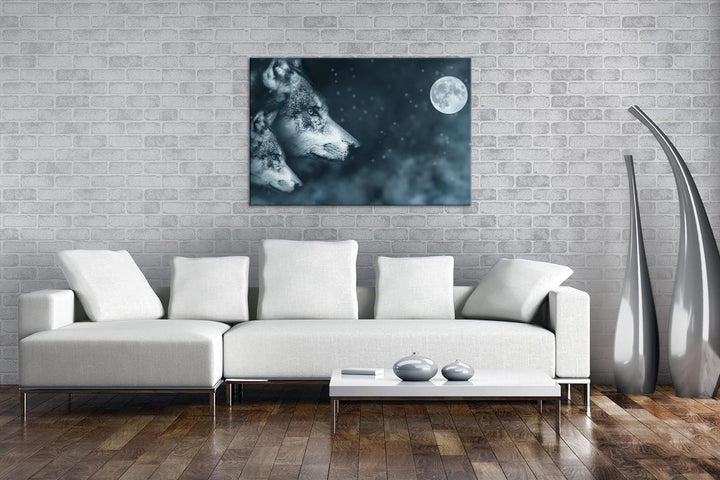 deyoli Wolf-Vollmond-Illustration Format: 100x70 als Leinwand, Motiv fertig gerahmt auf Echtholzrahm
