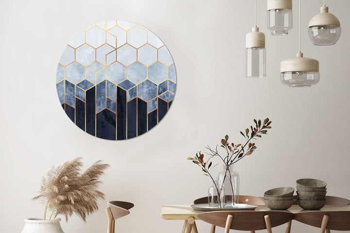 MuchoWow Wandbild Rund Wanddeko Deko Wohnzimmer Bilder 90x90 cm Sechseck - Gold - Schablonen, 90x90