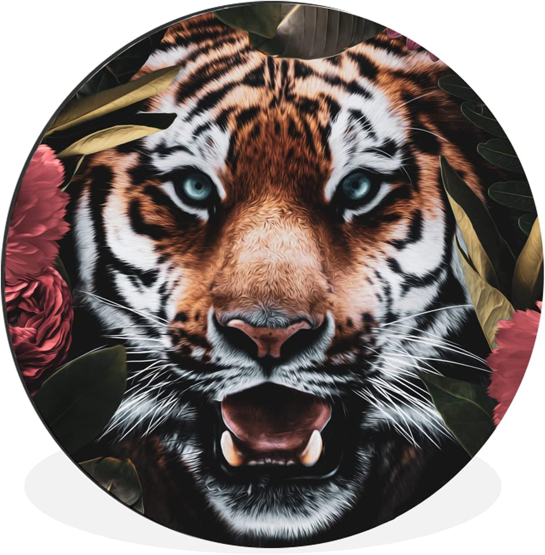 MuchoWow Wandbild Rund Wanddeko Deko Wohnzimmer Bilder 90x90 cm Tiger - Blumen - Dschungel, 90x90 cm