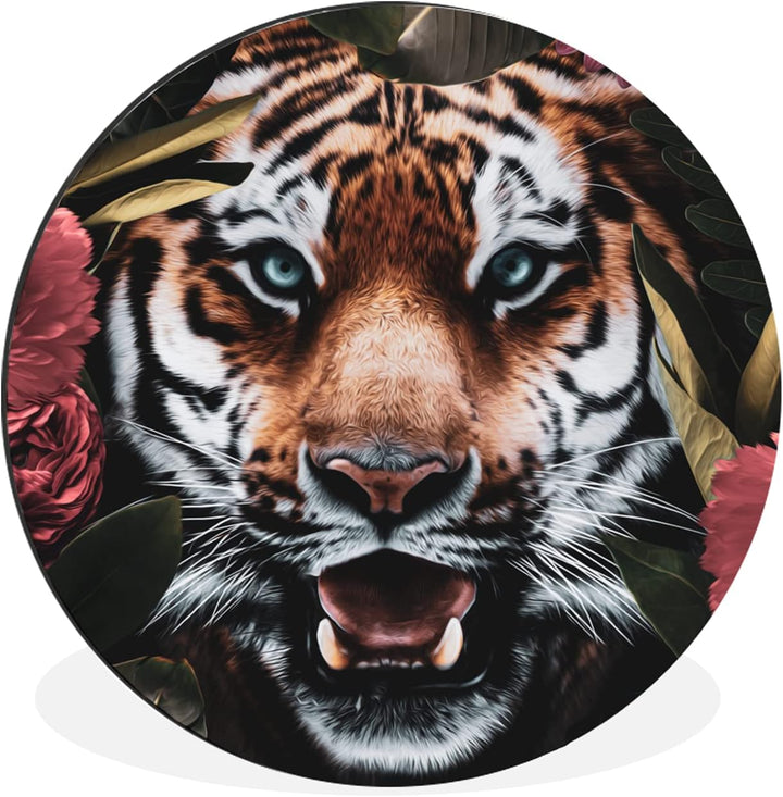 MuchoWow Wandbild Rund Wanddeko Deko Wohnzimmer Bilder 90x90 cm Tiger - Blumen - Dschungel, 90x90 cm