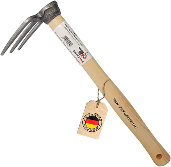SHW-FIRE Handhacke: 3-Zinken Gartenhacke mit Eschenholzstiel - 40cm kurz - hochwertig geschmiedet
