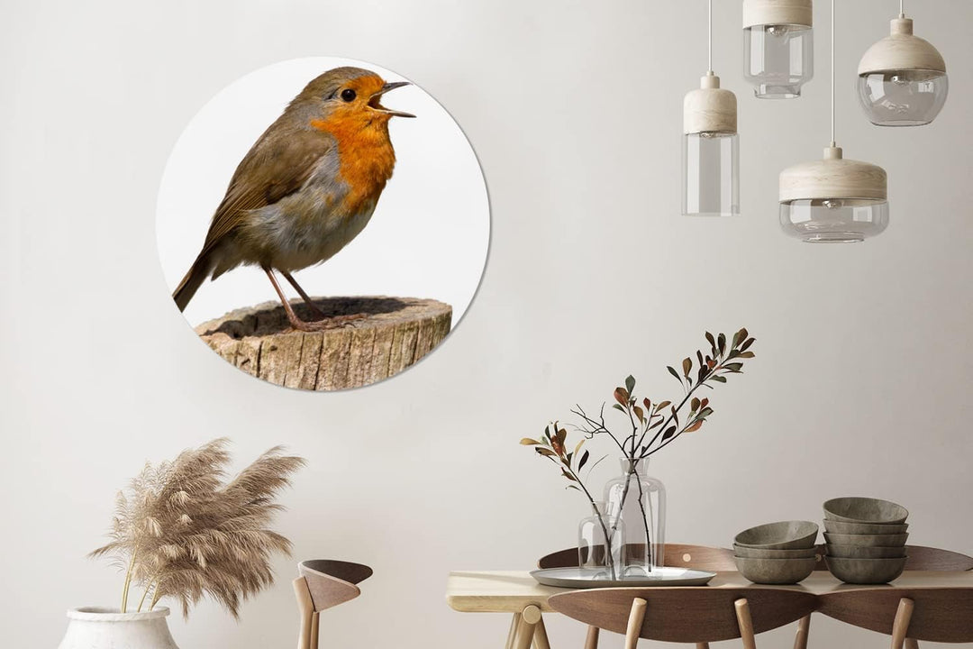 MuchoWow Wandbild Rund Wanddeko Deko Wohnzimmer Bilder 90x90 cm Rotkehlchen - Vogel - Holz, 90x90 cm