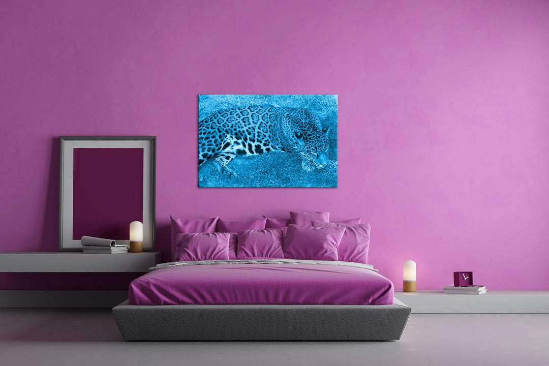 deyoli ruhig liegender Leopard Format: 80x60 Effekt: Monocrome Blau als Leinwand, Motiv fertig gerah