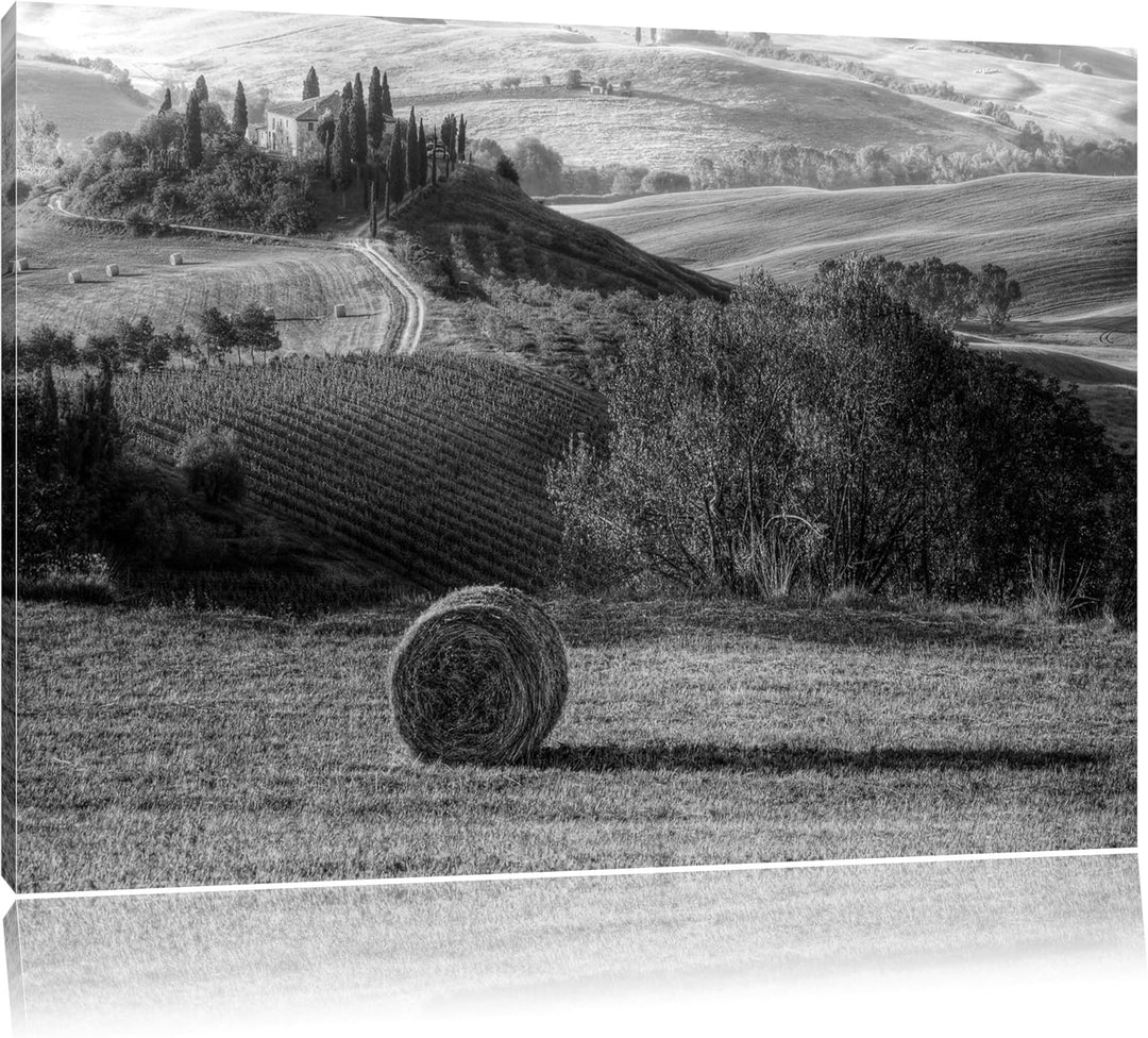Heuballen in der Toskana Landschaft schwarz/weiss Format: 100x70 auf Leinwand, XXL riesige Bilder fe