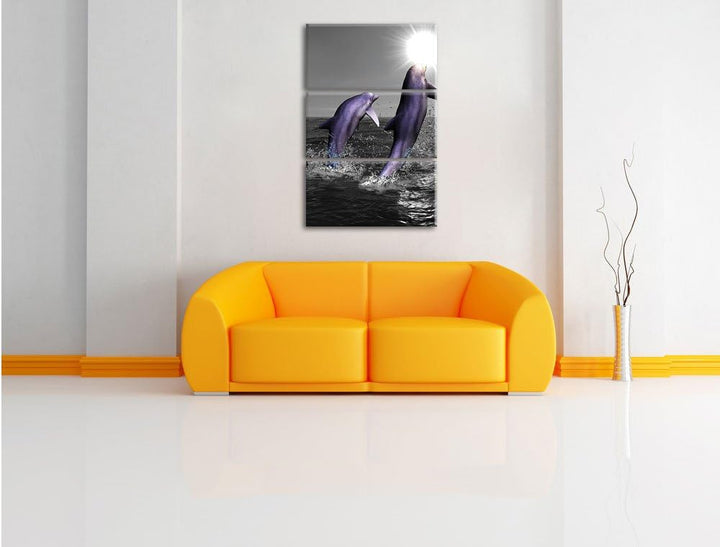 Fröhliche Delfine springen im Meer 3-Teiler Leinwandbild 120x80 Bild auf Leinwand