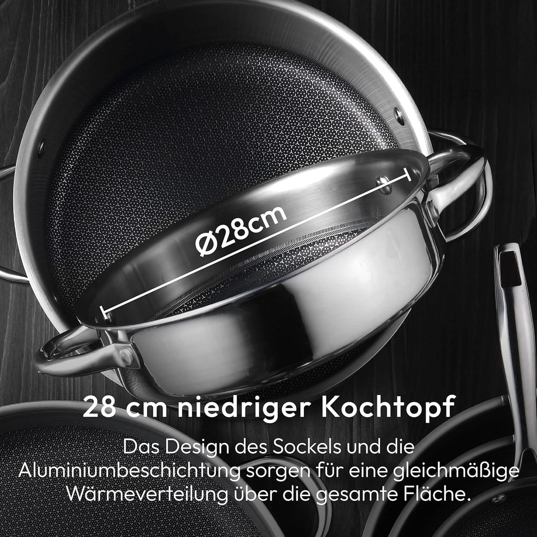 MasterPro Hi-Tech 3 | Topf 28 cm | Edelstahl mit Wabenstruktur | 3-Fache Beschichtung | Küchenutensi
