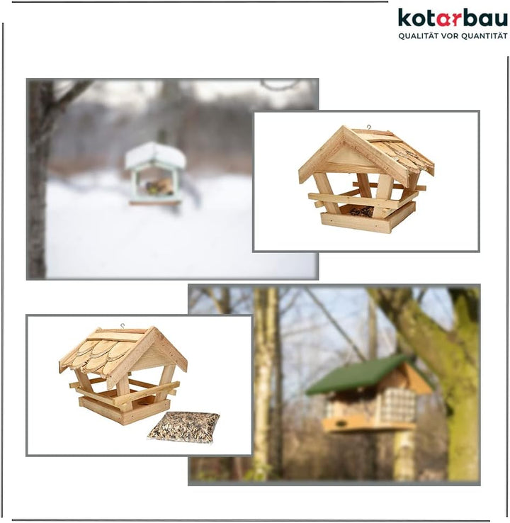 KOTARBAU® Holz-Vogelfutterhaus mit Schindel gedeckt zum Aufhängen + 0,5 kg Futter Gratis