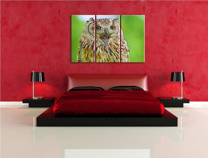 grosse Waldeule gähnt NewArt 3-Teiler Leinwandbild 120x80 Bild auf Leinwand, XXL riesige Bilder fert