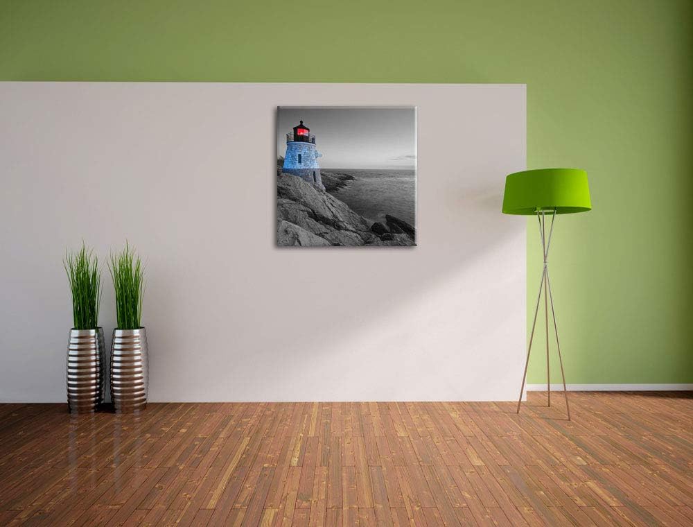 Pixxprint winziger Leuchtturm auf Felsen schwarz/weiss, Format: 70x70 auf Leinwand, 70x70