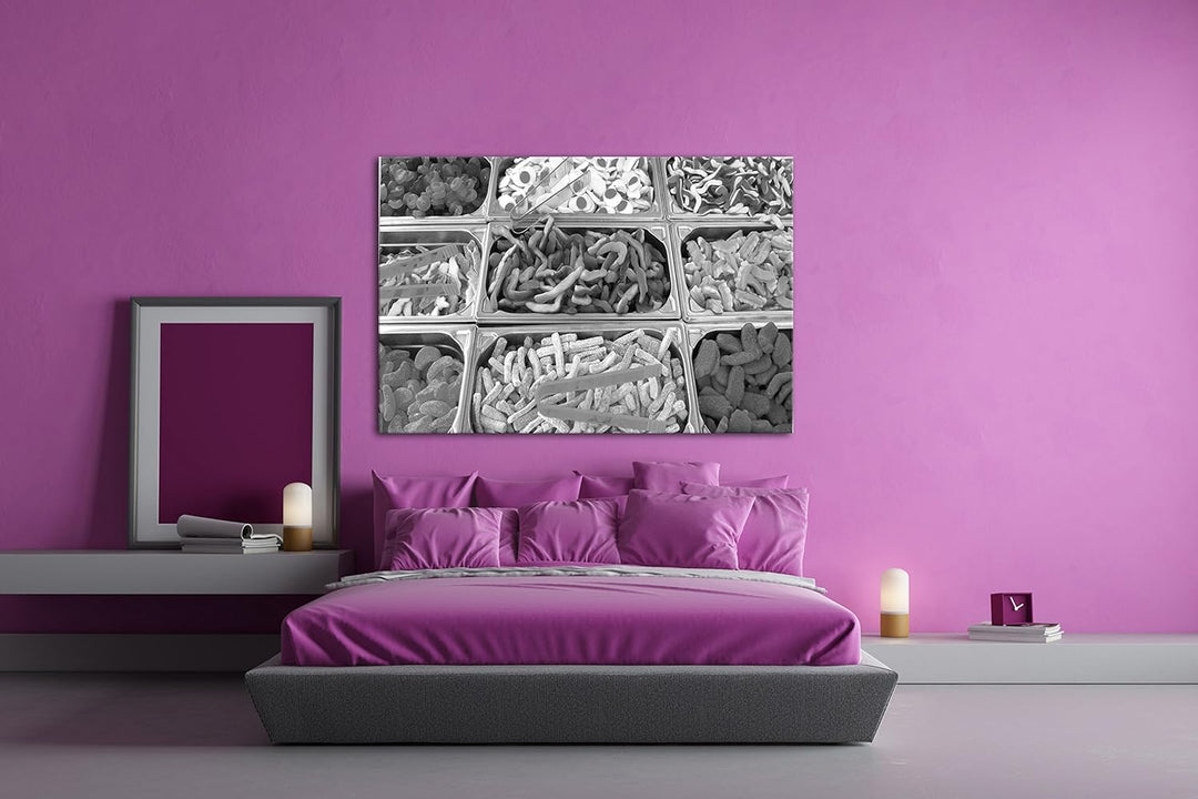 deyoli viele bunte Süssigkeiten Effekt: Schwarz/Weiss im Format: 80x60 als Leinwandbild, Motiv ferti