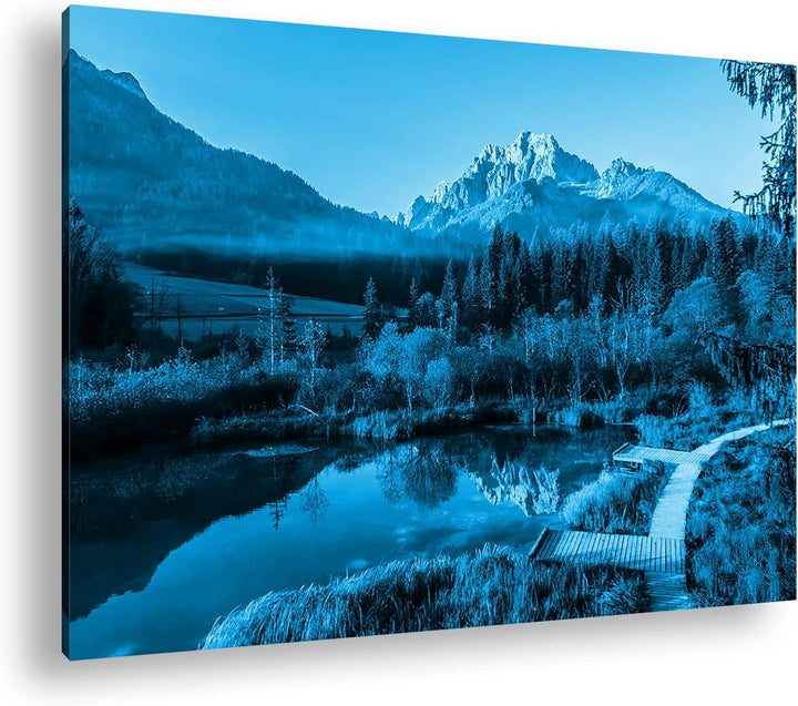 deyoli stiller See im Tal Format 80x60 Effekt: Monocrome Blau als Leinwandbild, Motiv fertig gerahmt