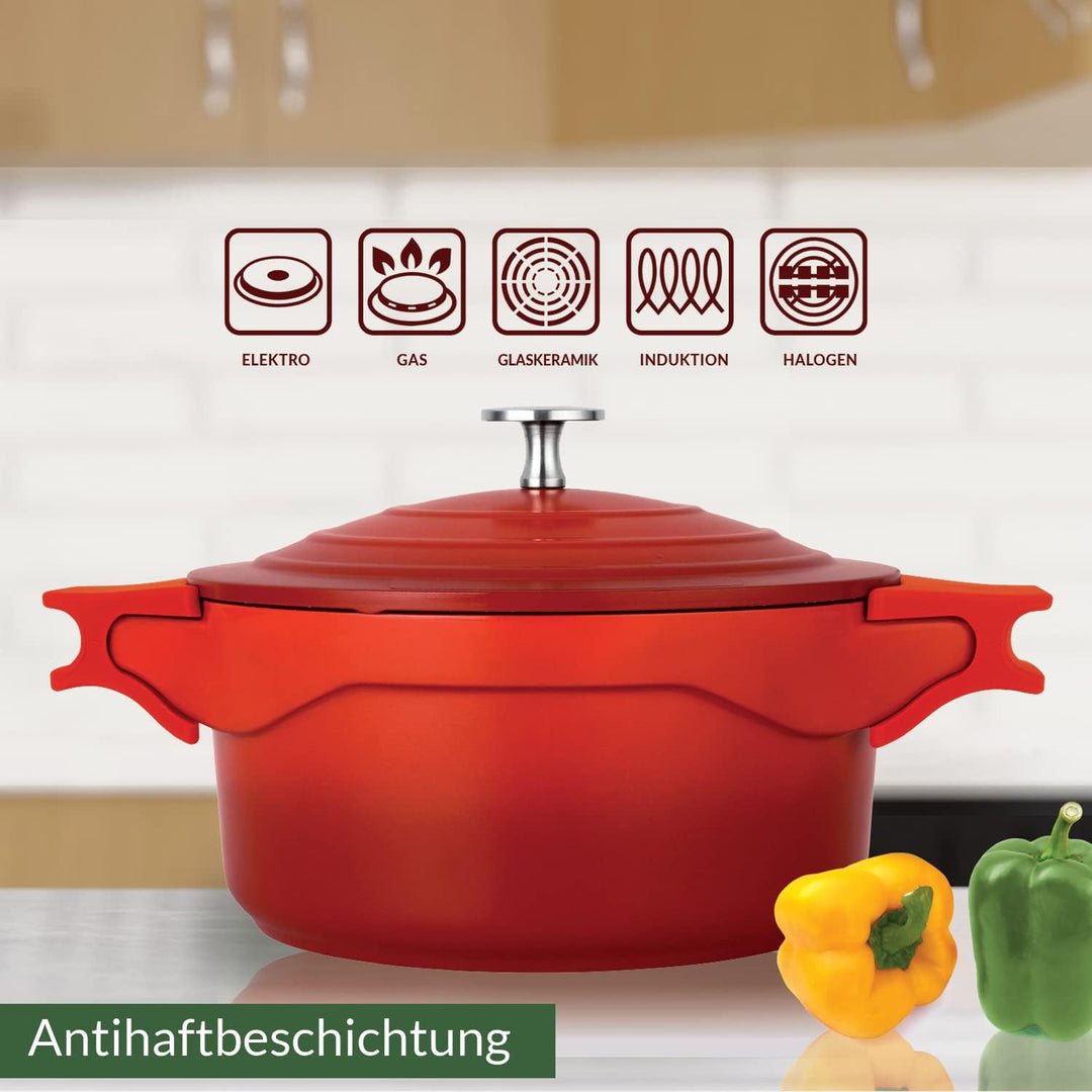 Topf mit Deckel 7,5 L, Aluguss mit Antihaftbeschichtung rot abnehmbare Griffaufsätze Kasan Kasseroll