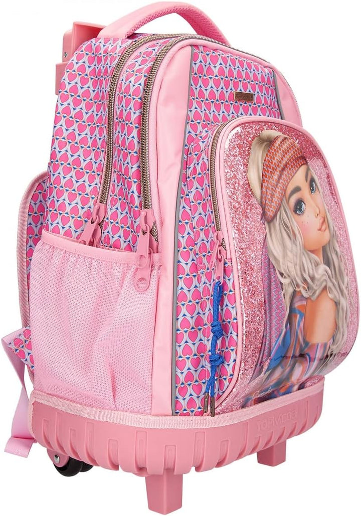 Depesche 11991 TOPModel Seventies - Schulrucksack mit Glitzer, Model-Motiv und coolem Herz-Muster, T