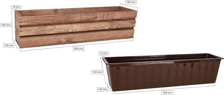 KOTARBAU® Holzblumenkasten Braun mit Kunststoffeinsatz 60 x 18 x15 cm Blumentopf Pflanzkasten Braun