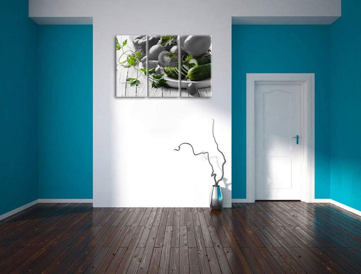 Gemüseteller mit Paprika, Tomate und Zucchini schwarz/weiss 3-Teiler Leinwandbild 120x80 Bild auf Le