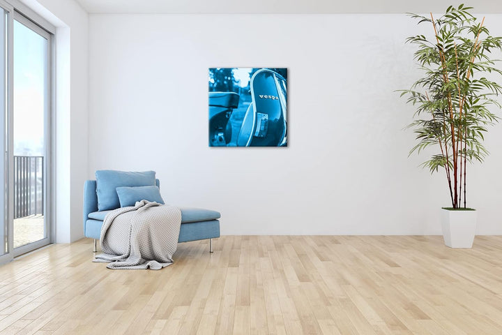 deyoli Vespa Motorrad in schöner Landschaft Format: 70x70 Effekt: Monocrome Blau als Leinwandbild, M