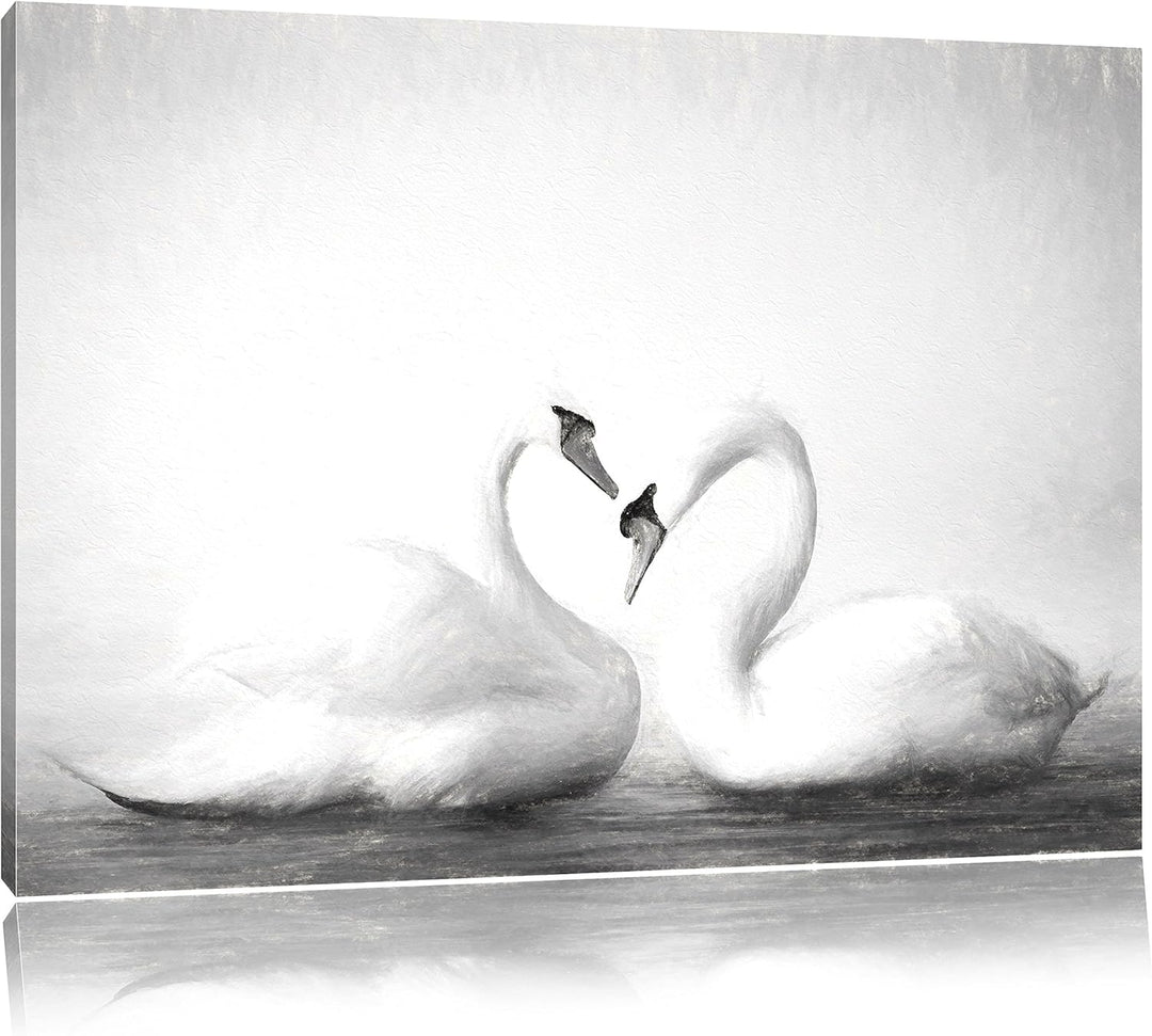 Pixxprint Zwei Schwäne auf dem Wasser Kunst / 100x70cm Leinwandbild bespannt auf Holzrahmen/Wandbild