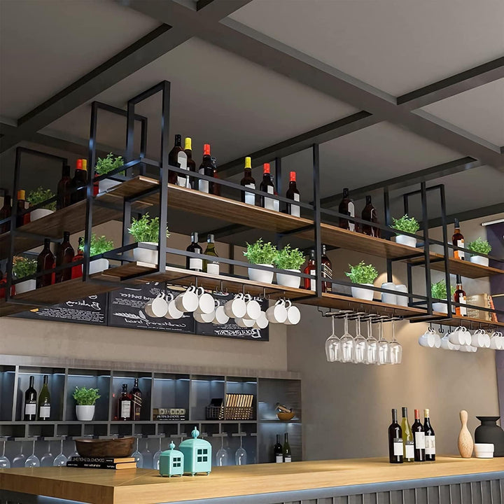 JHGJBJ Deckenregal Weinregal - Hängend Weinglasregal mit Glashalter, 2 Schicht industrielle hängende