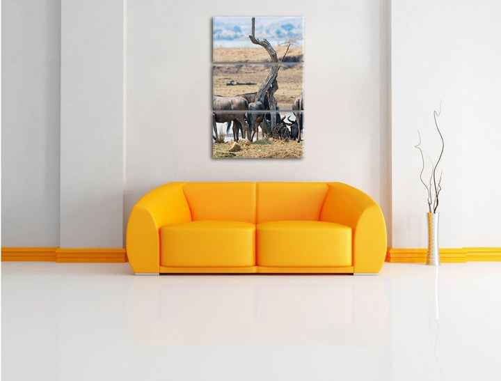 Pixxprint Kaffernbüffelherde in Savanne 3-Teiler Leinwandbild 120x80 Bild auf Leinwand, riesige Bild