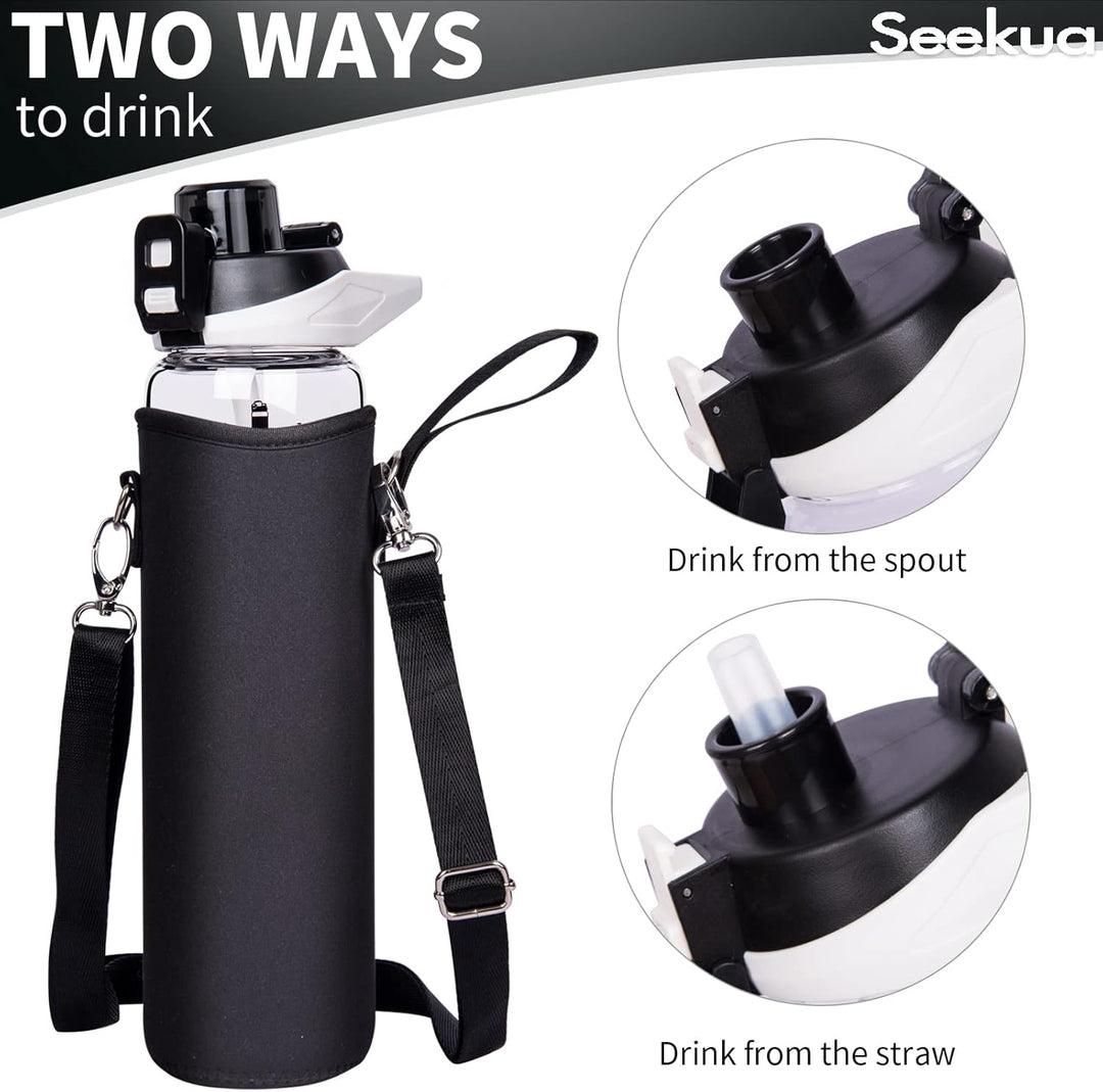 Seekua 1l Sport Trinkflasche Glas Flasche mit Strohhalm & Zeitmarkierung auslaufsicher bpa frei 1 li