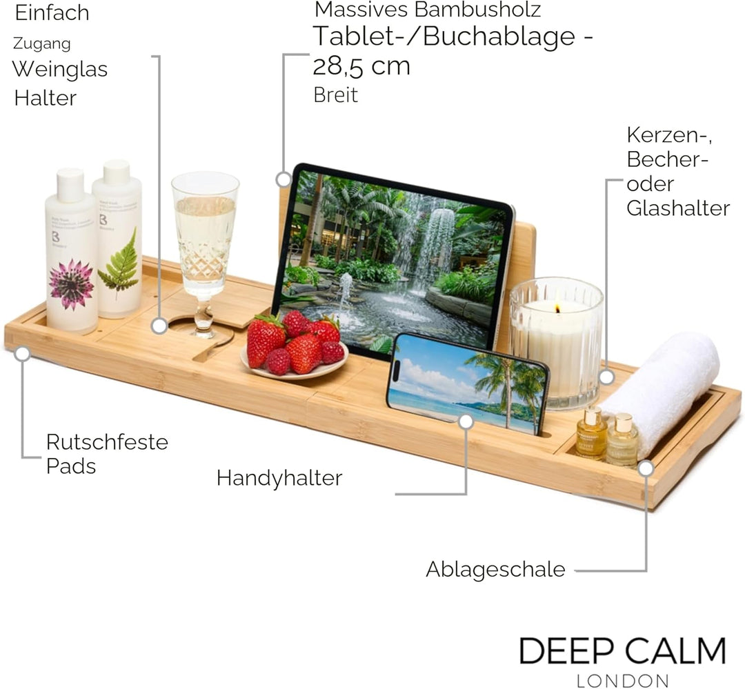 Deep Calm Badewannenablage - Verstellbares Bambus-Badewannenbrett - rutschfeste Badewannenablage Pas