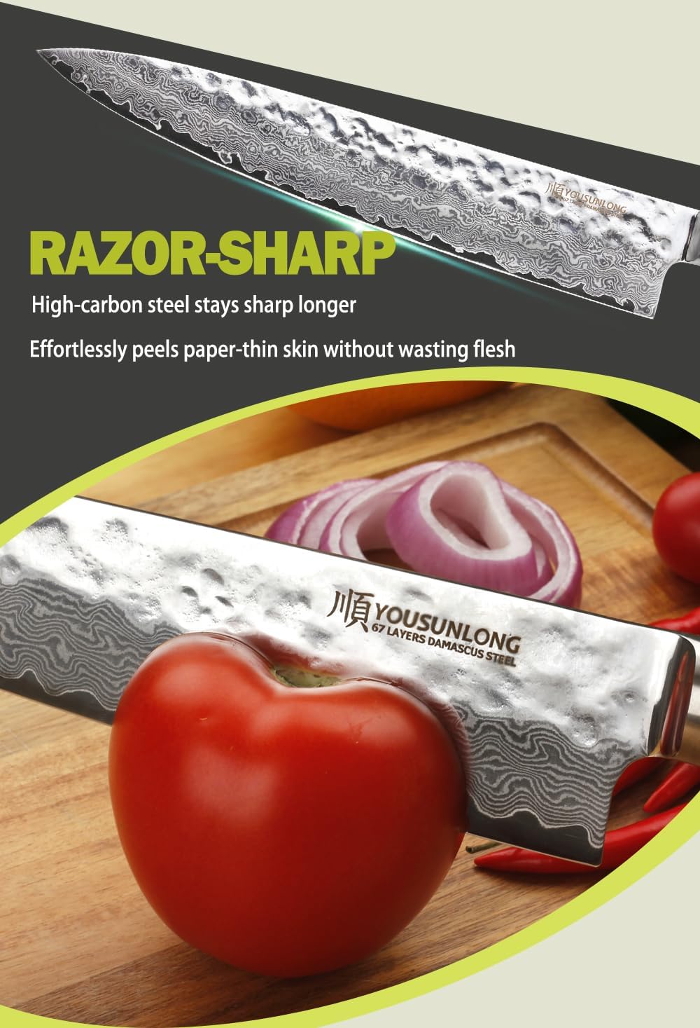 YOUSUNLONG Ebony Damastmesser Kochmesser Large - professionelles Kochmesser mit VG10 Damastklinge 30