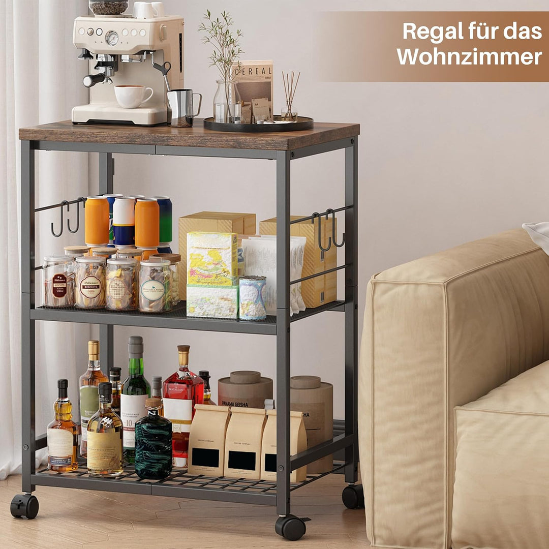Metall Küchenregal mit Arbeitsplatte, 3 Ebenen Servierwagen mit Rollen für Mini-Backofen, Mikrowelle