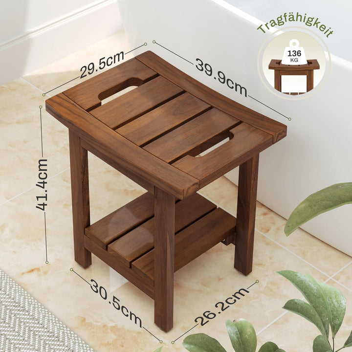 LUE BONA Duschhocker aus Massivem Teakholz, Quadratische Badebank aus Holz, Wasserdichter Badhocker