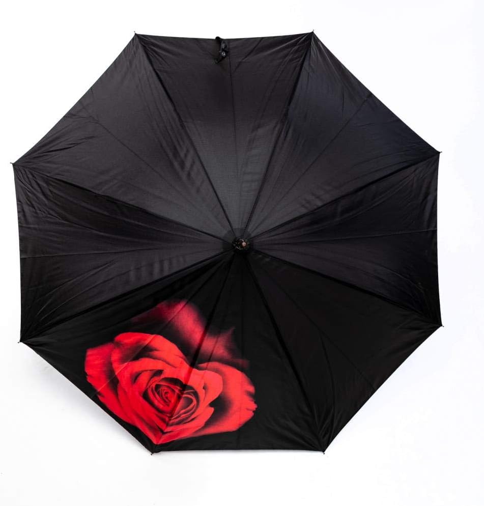 LUCKYWEATHER Regenschirm Stockschirm Damen Motiv Red Rose on Black Auf-Automatik I Stockregenschirm