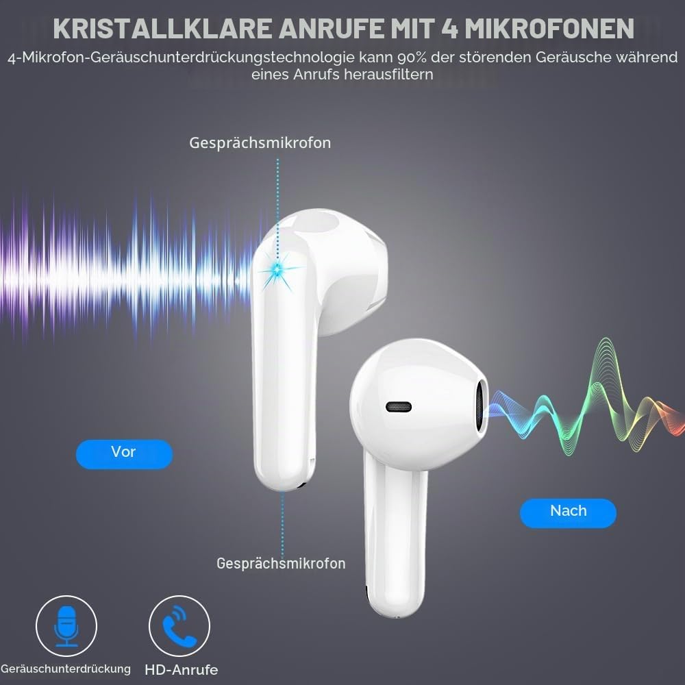 Bluetooth Kopfhörer, Kopfhörer Kabellos Bluetooth 5.4 In Ear kopfhörer bluetooth mit 4 Mic, 50H Kabe