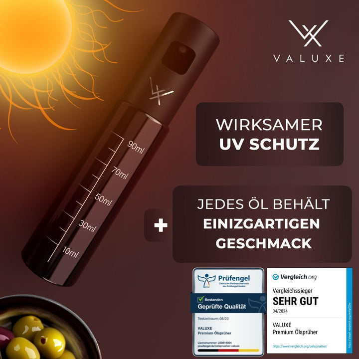 VALUXE® Ölsprüher für Speiseöl und Essig mit UV-Schutz Glas & Sprühfilter - Edelstahl Öl-Sprühflasch