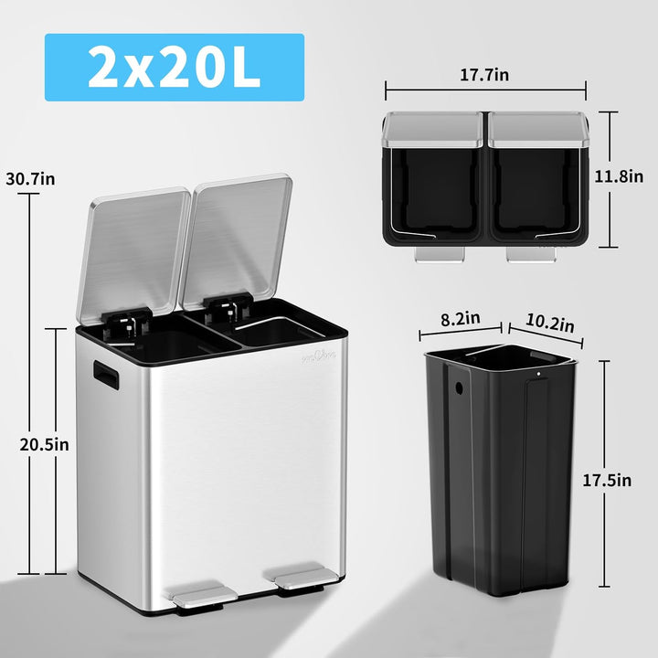 mVm Mülleimer Küche,40 Liter Treteimer,2 x 20 Liter Treteimer, 2 Fächer, Mülltrennsystem, Abfalleime