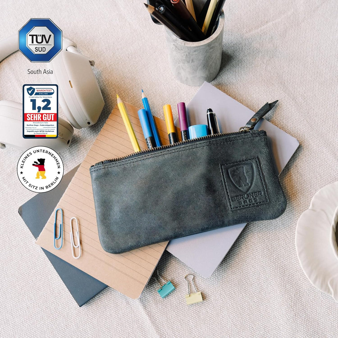 Berliner Bags Vintage Federmäppchen Etui aus Leder mit YKK-Reissverschluss, Robuste Federmappe für S