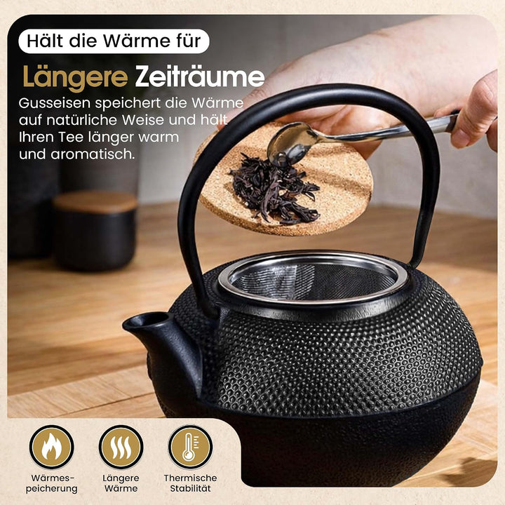 DIMONO® Japanische Teekanne aus Gusseisen 1300ml inkl. Edelstahl Sieb | Hält Tee extra lange warm, a