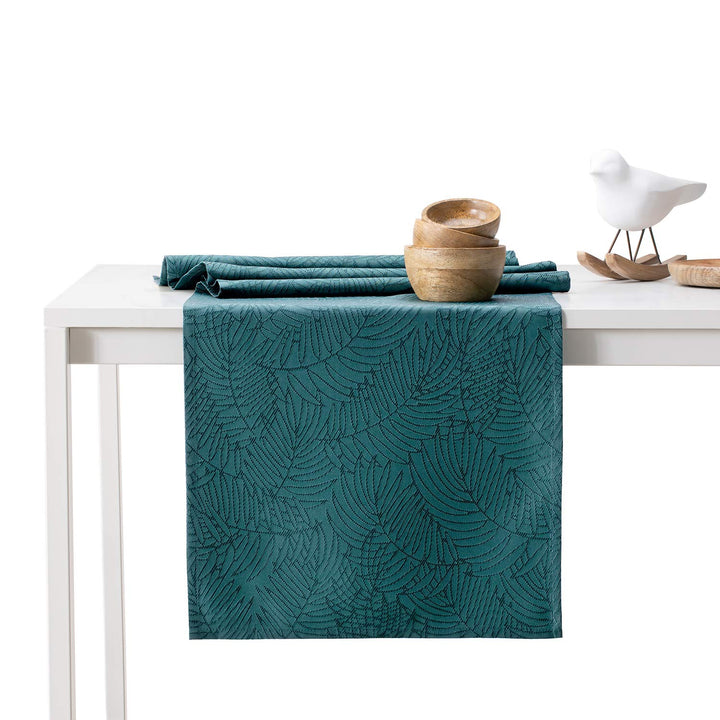 AmeliaHome Tischläufer Set 35x250 cm und 115x250 cm Lotuseffekt Wasserabweisend Blätter Petrol Gaia