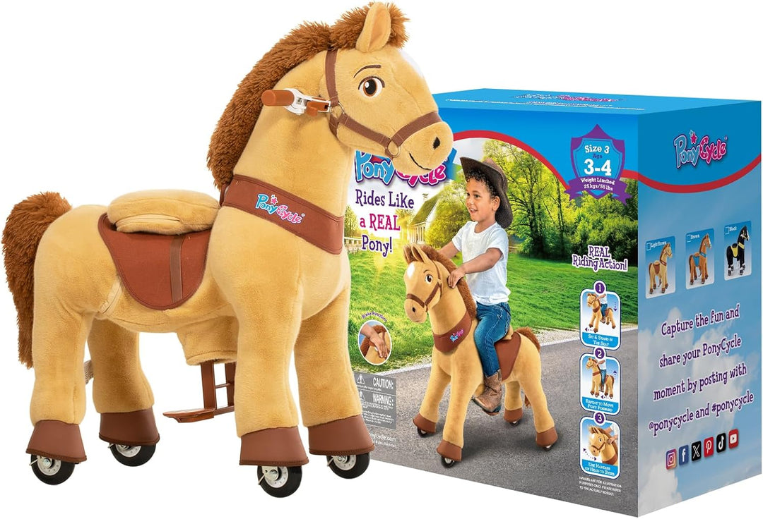 PonyCycle® Schaukelpferd auf Rollen | für Kinder 3–4 Jahre, 76cm | Hellbraunes Plüsch Reitpferd mit