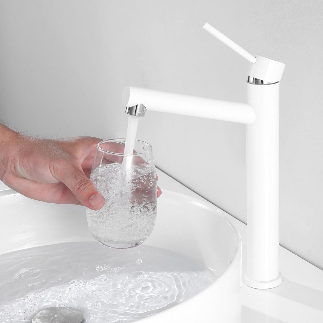 Hoch Waschtischarmatur Weiss, Wasserhahn Bad Hohe Armatur für Aufsatzwaschbecken, Waschbecken Armatu