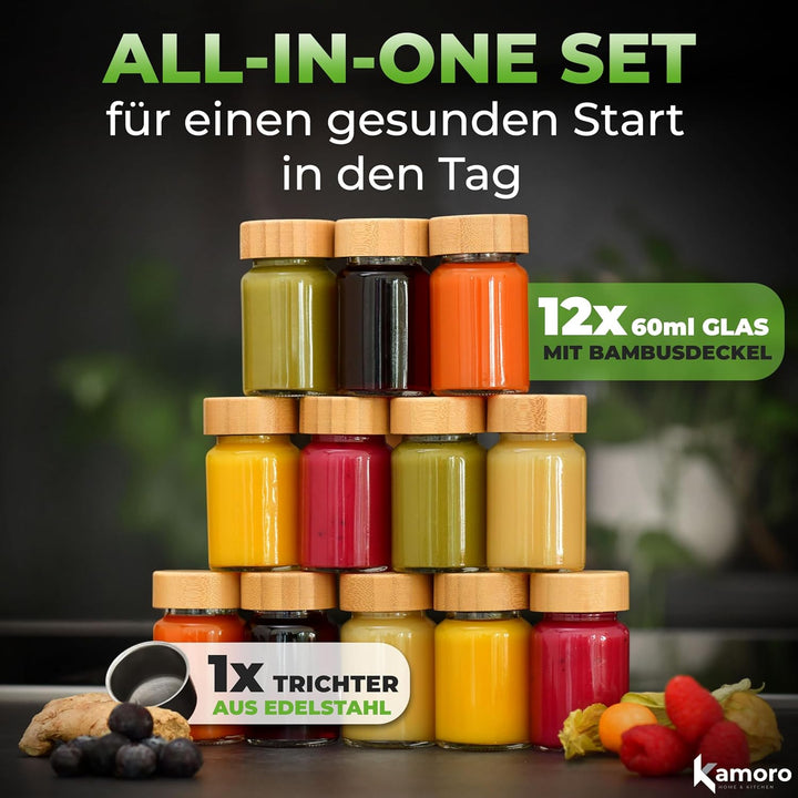 Ingwer Shotgläser 12er Set - Mini Gläser mit Bambusdeckel & Edelstahl Trichter [60ml] - Shot Flasche