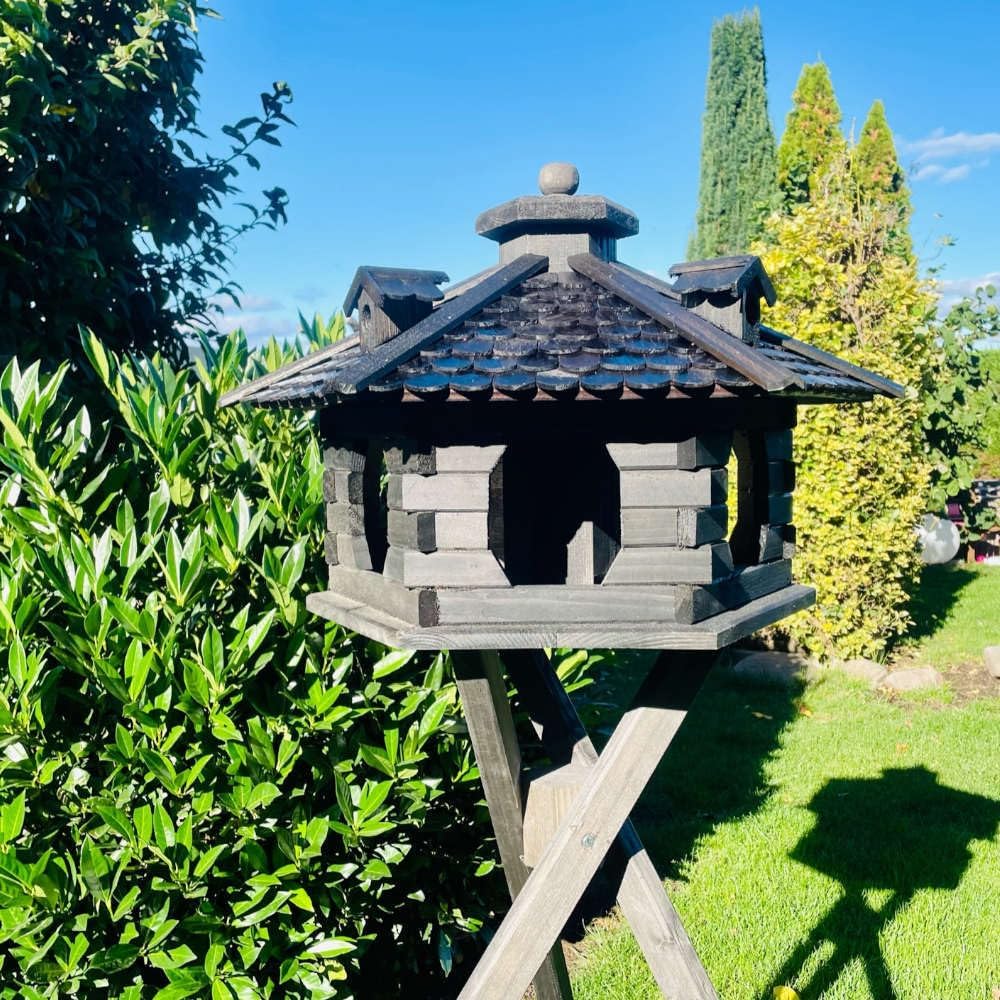 Vogelfutterhaus XL Sechseck Vogelhaus + Ständer Futterstelle Dunkelbraun XL mit Ständer Dunkelbraun,