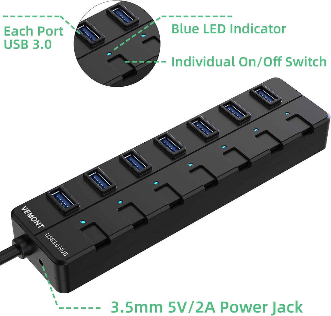 USB 3.0 Hub, VEMONT 7-Port USB Hub Splitter mit verlängertem 1.2m Kabel, USB Verteiler mit einzelnen