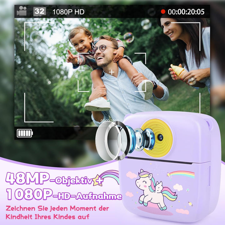 Dhapy sofortbildkamera Kinder, 48MP Kinderkamera Sofortbildkamera mit Druckpapier & 32 G TF Karte, 1