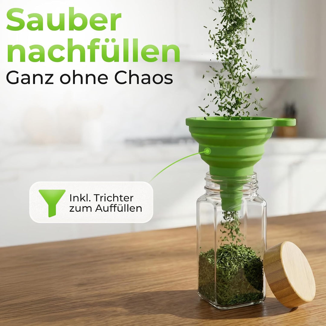 Gewürzgläser Set 24er, 120 ml, eckig mit Bambusdeckel &amp; Streueinsatz – inkl. Etiketten, Marker, Tric